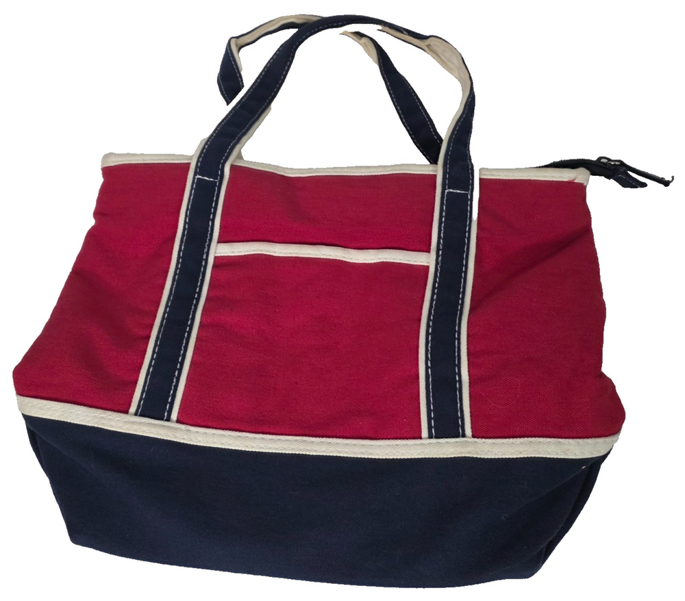 Red Navy Cream Canvas Tote Bag Zip Top Interior Pockets Nautical Shoulder
